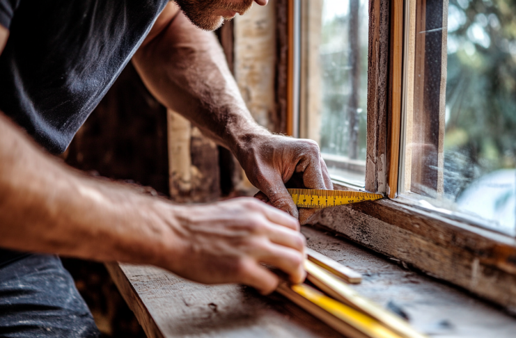 Vakman meet een raamopening op voor het plaatsen van een nieuw raam